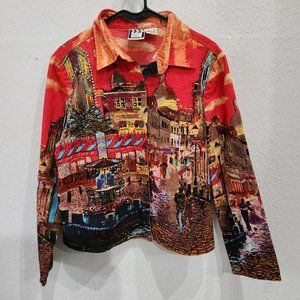Take Two Clothing All Over City Jacket Medium Embellished Button Front Art Shirt